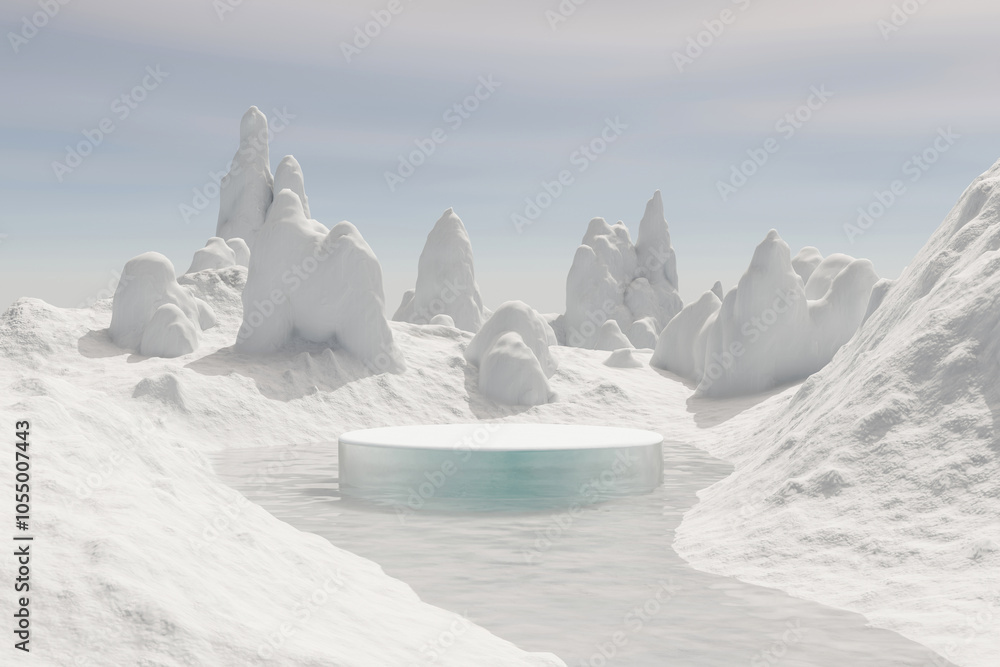 Poster 3d render platform background and empty round stage, ice podium on the frozen lake with ice snow mou