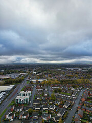 Aerial View of Manchester City During Cloudy and Rainy Day over England UK