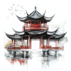 Obraz premium Traditional Asian pavilion with intricate roof design, surrounded by tranquil waters and minimal background.