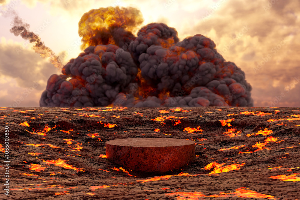Poster abstact 3d render platform and stage backgrond, stone podium on the lava and magma with rocks smelt 