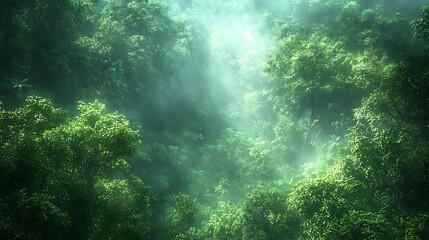 Obraz premium Lush green forest with sunlight streaming through the trees, creating a mystical and ethereal atmosphere.