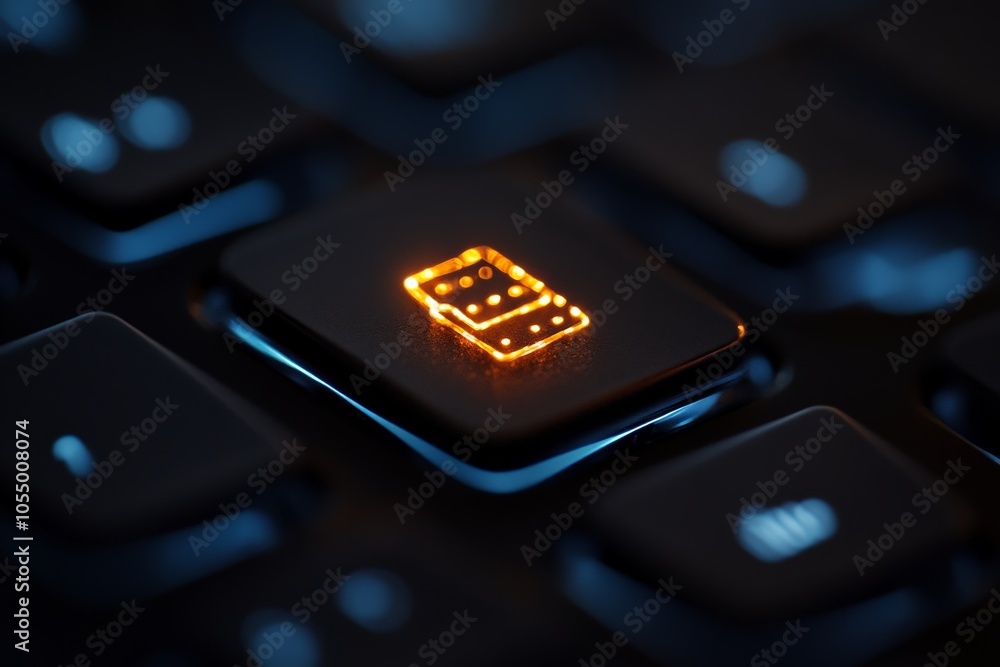 Poster a close-up shot of a keyboard key glowing with a robot icon, highlighting technology, innovation, an