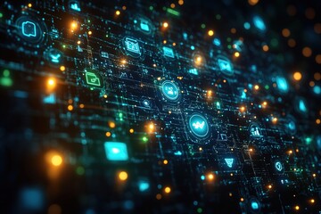 Obraz premium Abstract digital network with glowing icons and lines. (1)