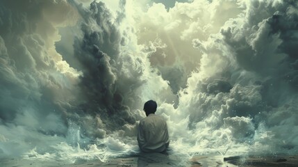 Fototapeta premium Man Contemplating Dramatic Sky Clouds and Waves Surreal Art Photography
