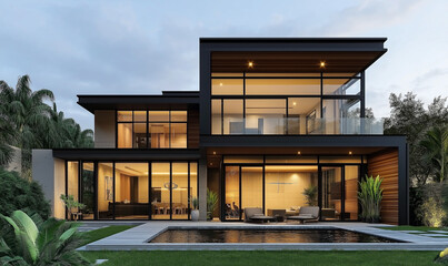 Fototapeta premium A stunning modern house with wooden slats on the facade, set against palm trees and featuring an outdoor pool. The design includes high-end interior details like black accents