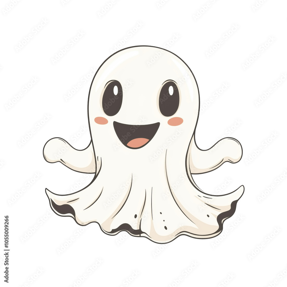 Poster cute smiling ghost character with big eyes and cheerful expression, isolated on transparent backgrou