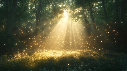 Sun rays shine through the trees in a magical forest, illuminating fireflies and wildflowers.