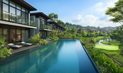 Fototapeta premium A modern villa with an infinity pool, overlooking the golf course and trees, showcasing clean lines, white walls, large windows, concrete accents, greenery on one side of the swimming pool