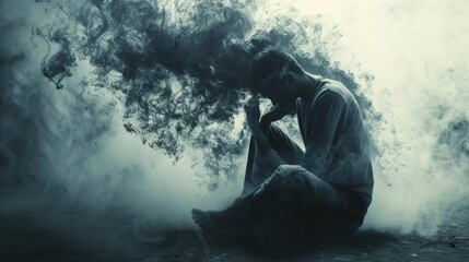 Obraz premium Man Sitting in Smoke Depression Anxiety Loneliness Despair Psychological Emotional Mental Health