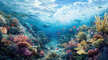 An expansive coral reef with diverse coral formations and exotic fish