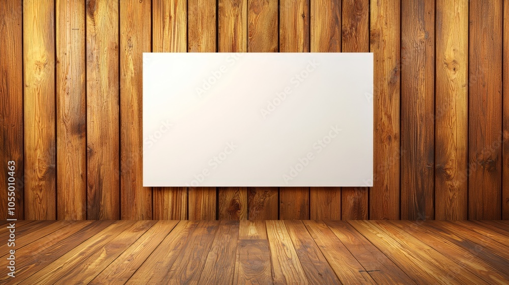 Poster a blank white canvas is displayed against a backdrop of rustic wooden walls and floor, creating a wa