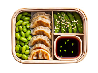 asian-inspired lunchbox with dumplings soy sauce edamame and sugar snap peas on isolated background
