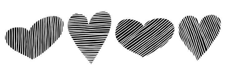 Geometric Doodle Love Icon Set. A collection of four hand-drawn hearts. Black shapes isolated on a white background. Simple elements. Abstract design