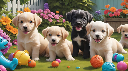 Playful scene of a group of puppies playing together in a grassy backyard, surrounded by toys and colorful flowers