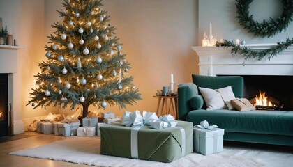 A cozy living room decorated for Christmas, with a green sofa, pink walls, a Christmas tree, and various holiday decorations, gifts on table.