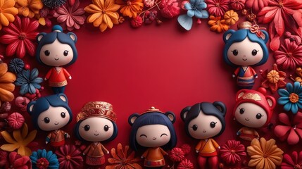 Fototapeta premium Seven Adorable Cartoon Figures Surrounded by Red and Orange Flowers