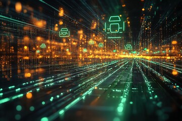 Abstract digital network with glowing lines and email icons.