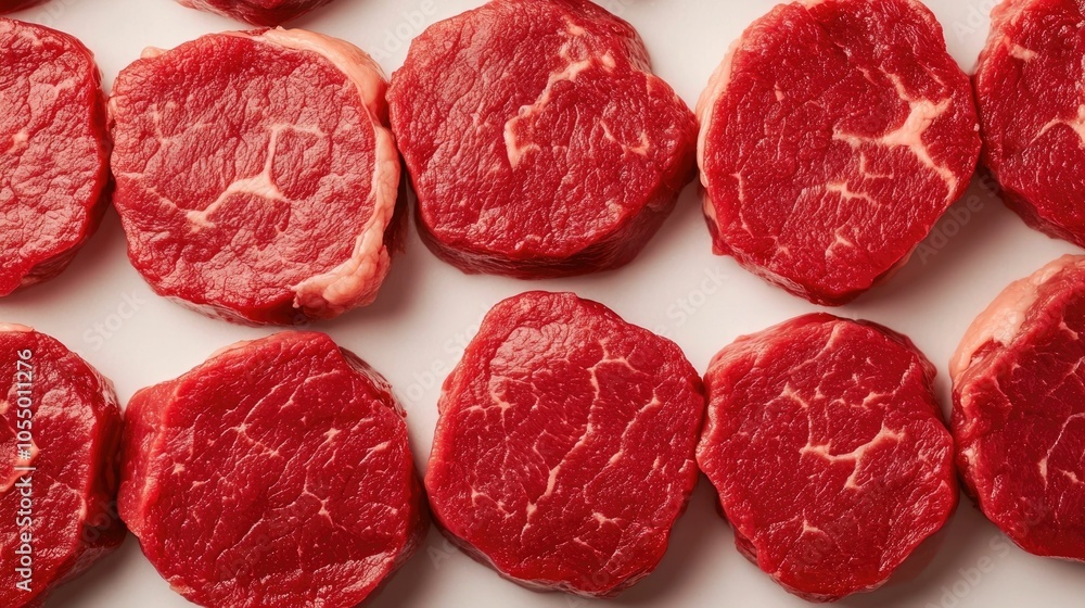 Poster closeup of undercooked raw red meat slices with deep depth of field highlighting the potential healt