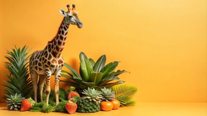 A giraffe standing in front of a yellow background with tropical plants and fruit.