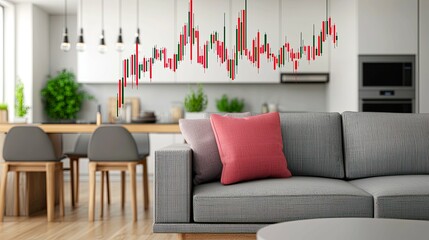 A modern living space featuring a sofa, dining area, and a decorative wall design resembling stock market trends.