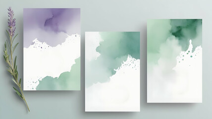 minimalist invitation cards in abstract watercolor designs. soft green and subtle purple hues blending together ideal for galas, formal corporate dinners, luxury weddings, or anniversary celebrations