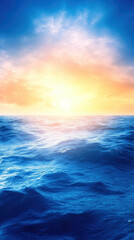 Obraz premium stunning view of ocean at sunset, showcasing vibrant colors of blue and orange as sun dips below horizon, creating serene and tranquil atmosphere
