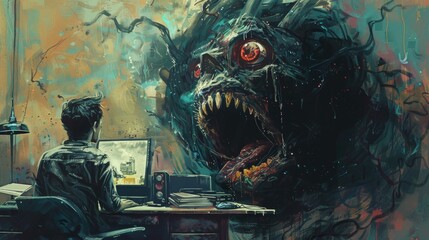 Fototapeta premium Man Working at Computer with Monster in Background Digital Art