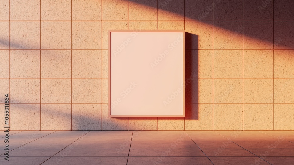 Poster a minimalist gallery scene featuring a blank canvas on a textured wall, illuminated by soft, warm li