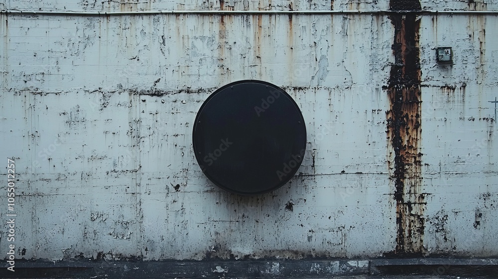 Poster a round black object mounted on a weathered, rust-stained white wall, creating a stark contrast in t