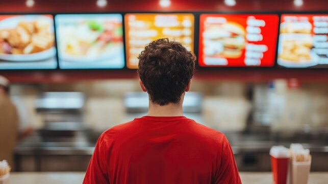 Overweight individual standing in front of a fast food restaurant menu deeply considering their food options and potential health implications