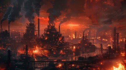 Fototapeta premium Apocalyptic Industrial Cityscape with Burning Factories and Smoke
