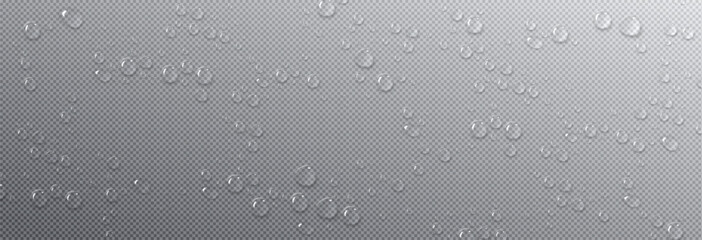 Water droplets on glass or window surface. Condensation round drops on transparent background. Realistic 3d vector illustration of dewy bg with fresh humid effect. Clean liquid raindrop pattern.