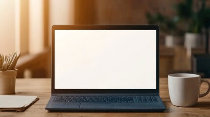 Fototapeta premium A clean laptop sits on a wooden desk, bathed in warm light, with a coffee cup and a small plant nearby, creating a cozy workspace ambiance.