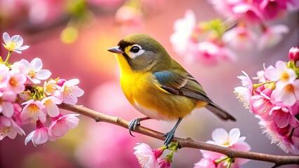 A Vibrant Bird Perched on a Branch Adorned with Delicate Pink Blossoms, Nature's Symphony of Color and Life