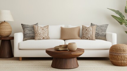 A cozy living room scene featuring a stylish white sofa adorned with patterned pillows, complemented by a wooden coffee table and natural decor accents.