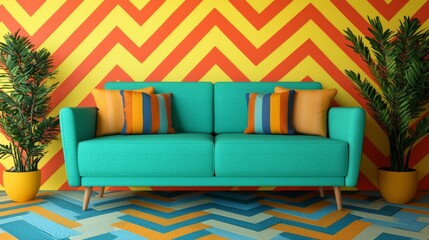 A vibrant living space featuring a teal sofa adorned with colorful cushions, set against a bold zigzag-patterned wall and potted plants.