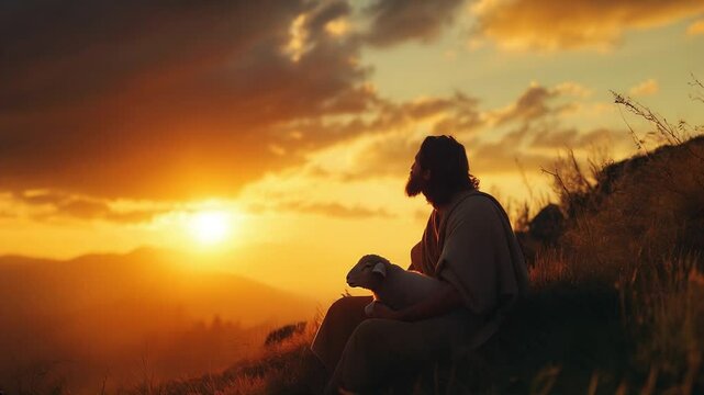 
jesus christ, the shepherd, gently nurturing a lost lamb against a breathtaking sunset backdrop. A poignant reminder of love, guidance, and hope.