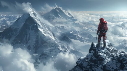 Mountain Climber Standing on Peak with Snowy Landscape and Clouds