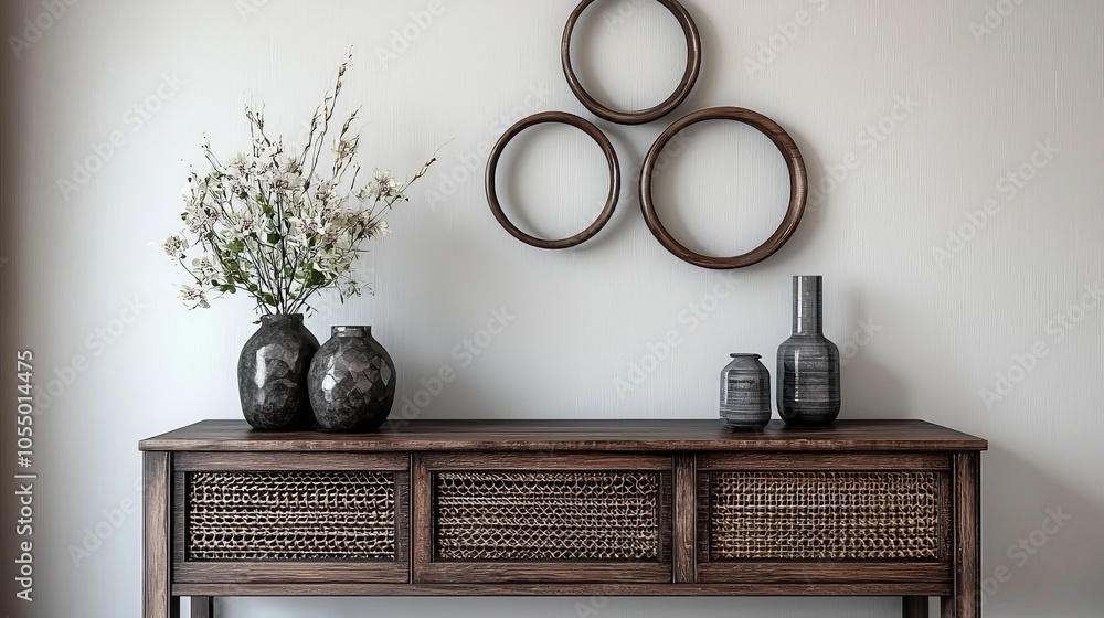 Poster a rustic wooden console table adorned with vases and decorative rings, creating a minimalist yet sty