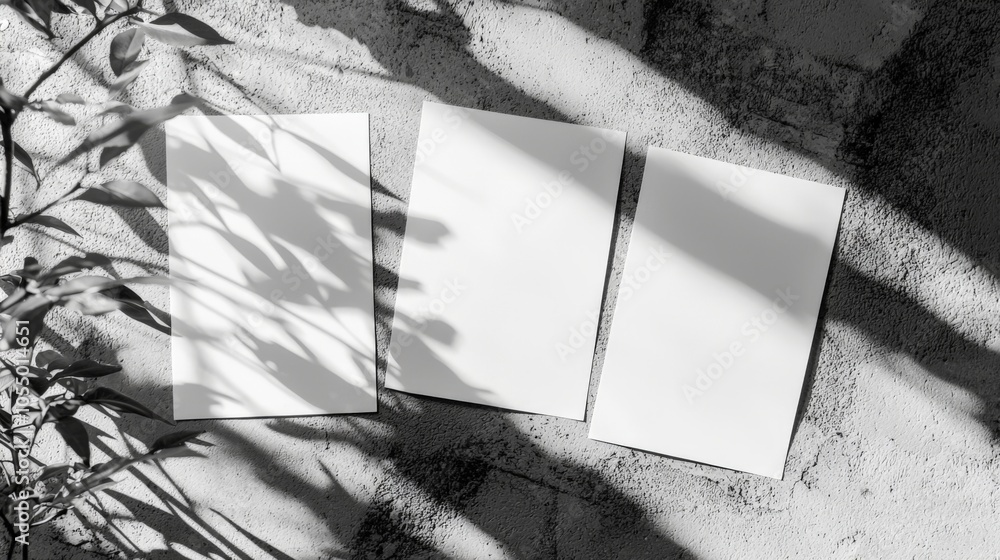 Poster a minimalist composition featuring three blank sheets of paper casting shadows on a textured surface