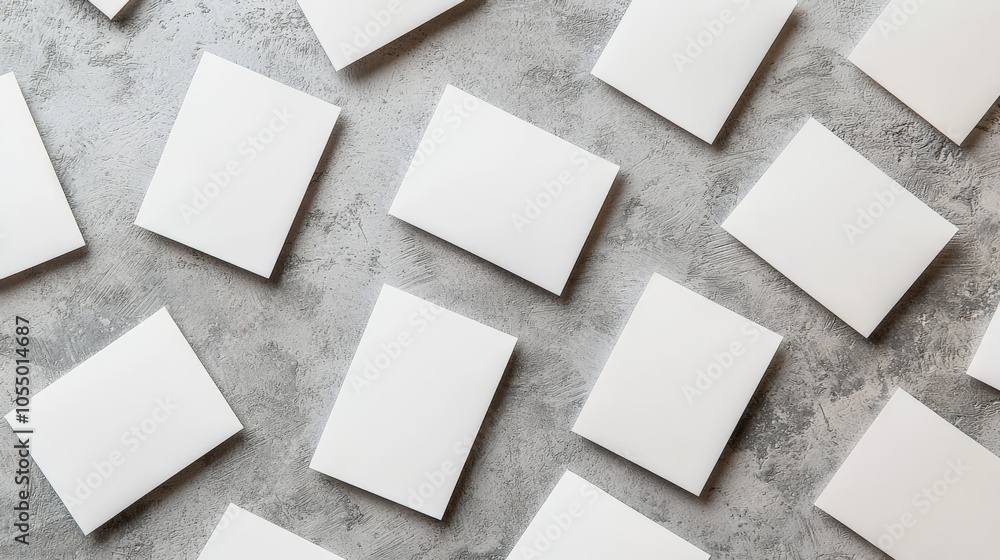 Poster a flat lay of small, blank cards arranged on a textured surface, creating a minimalist and organized