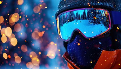 Fototapeta premium A close-up of a skier wearing a helmet and goggles against a snowy backdrop with festive bokeh lights.