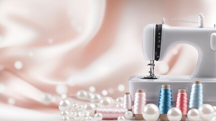 Elegant Sewing Machine with Colorful Threads and Pearls