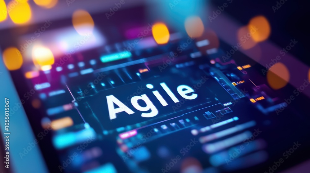 Poster closeup of agile on tablet featuring workflow icons and project management tools