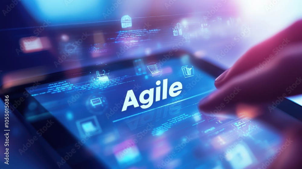 Poster closeup of agile interface on tablet with workflow icons and project management features