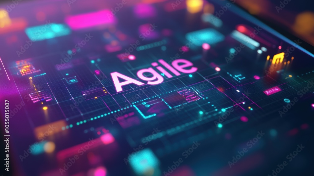 Poster closeup of agile on tablet with workflow icons and project management visualization
