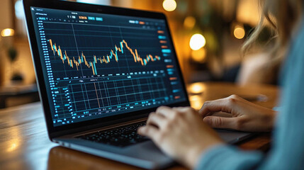 A woman is typing on a laptop computer with a graph on the screen. The graph shows a fluctuation in the stock market. The woman is focused on her work, possibly analyzing the data on the screen