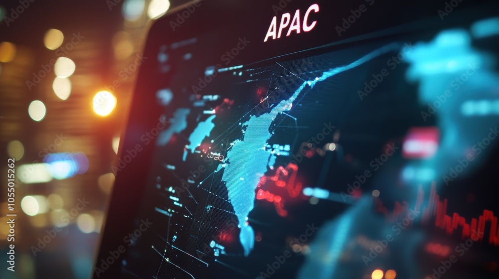 Poster closeup of apac region on tablet screen featuring global map visualization and data insights
