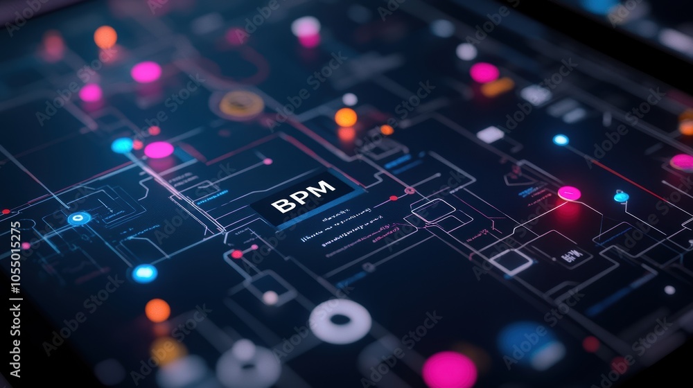 Poster closeup view of bpm business process management on a tablet displaying digital workflow