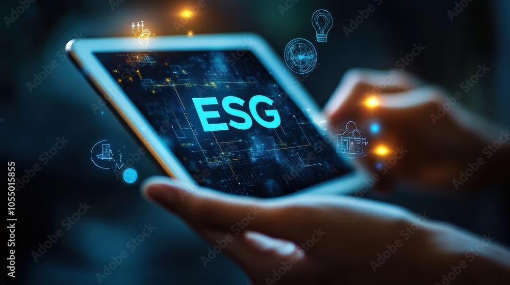 Poster close-up of hands holding a tablet displaying esg metrics in a digital environment